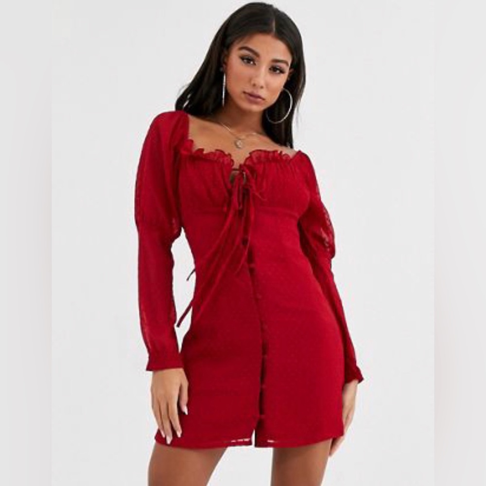 Asos Design Button Through Dobby Mini Red Dress U… - image 1